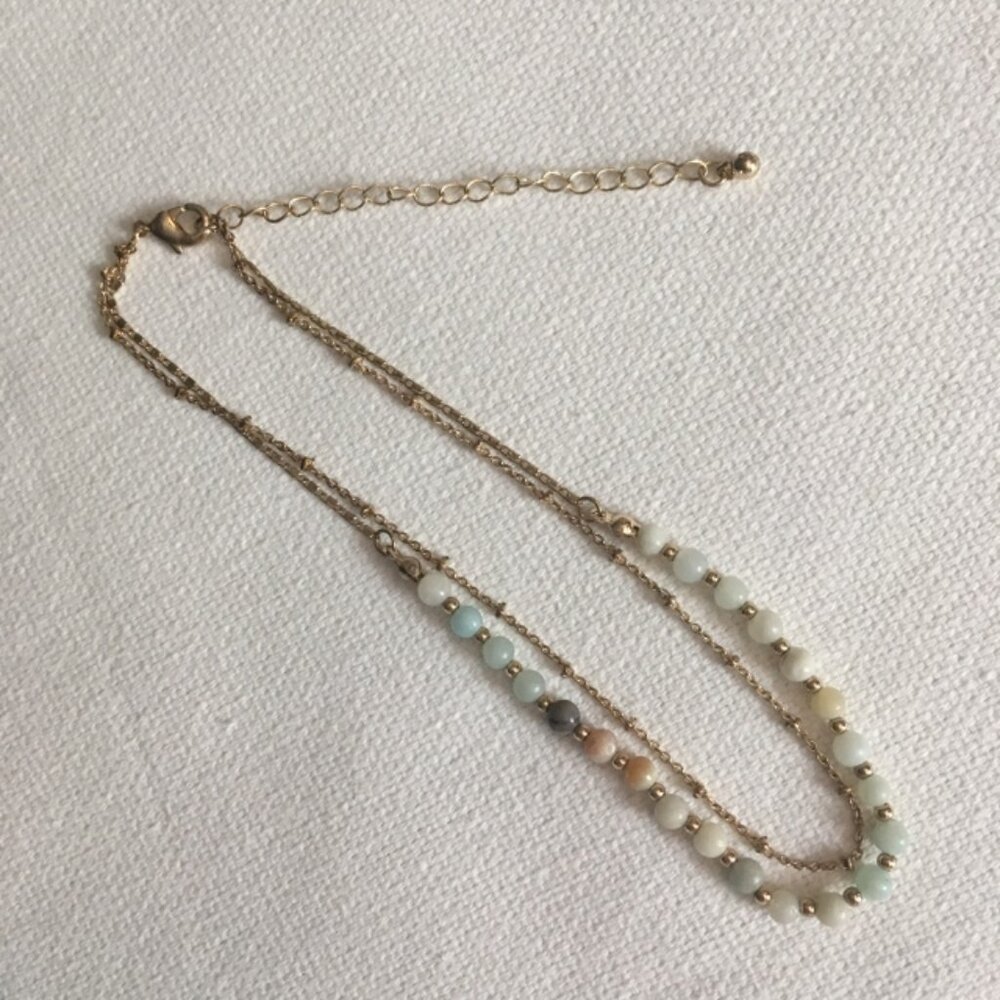 Tilly's Beaded Double-Chain Necklace in Shades of Aqua, Pale Jade, Gold.